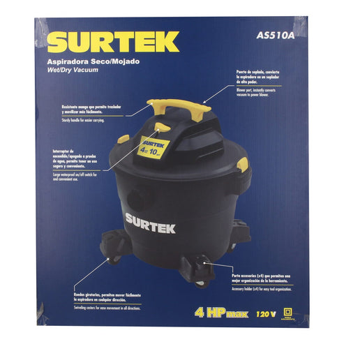 Aspiradora De Plástico 10 Galones, 4 HP 120 V, Surtek AS510A