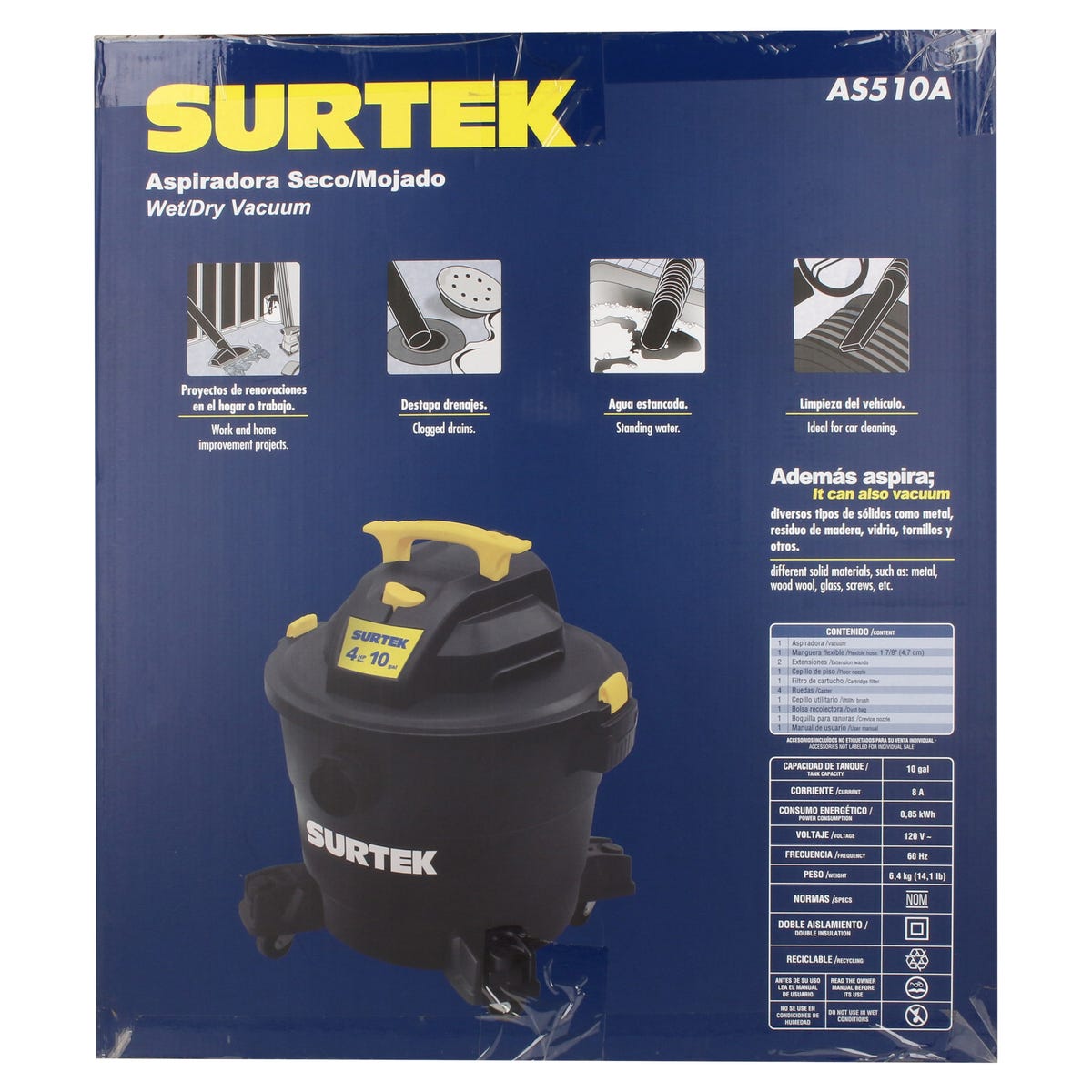 Aspiradora De Plástico 10 Galones, 4 HP 120 V, Surtek AS510A