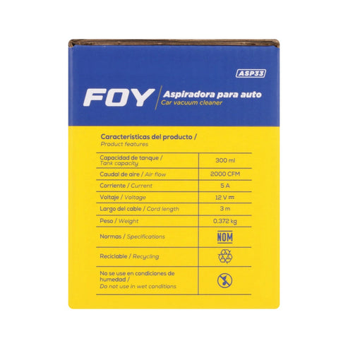 Aspiradora Portátil Para Automóvil 300 ml, 12 V, Foy ASP33