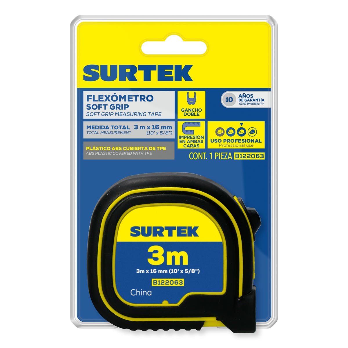 Flexómetros Anti-Impacto Con Carcasa Soft Grip, 3 m x 16 mm, Surtek B122063