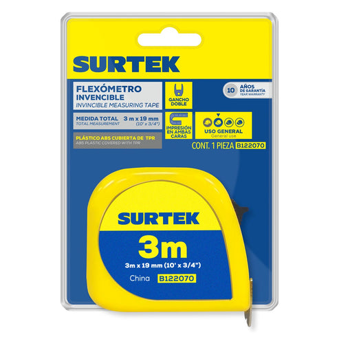 Flexómetro Con Carcasa De Plástico Invencible 3 m x 19 mm, Surtek B122070