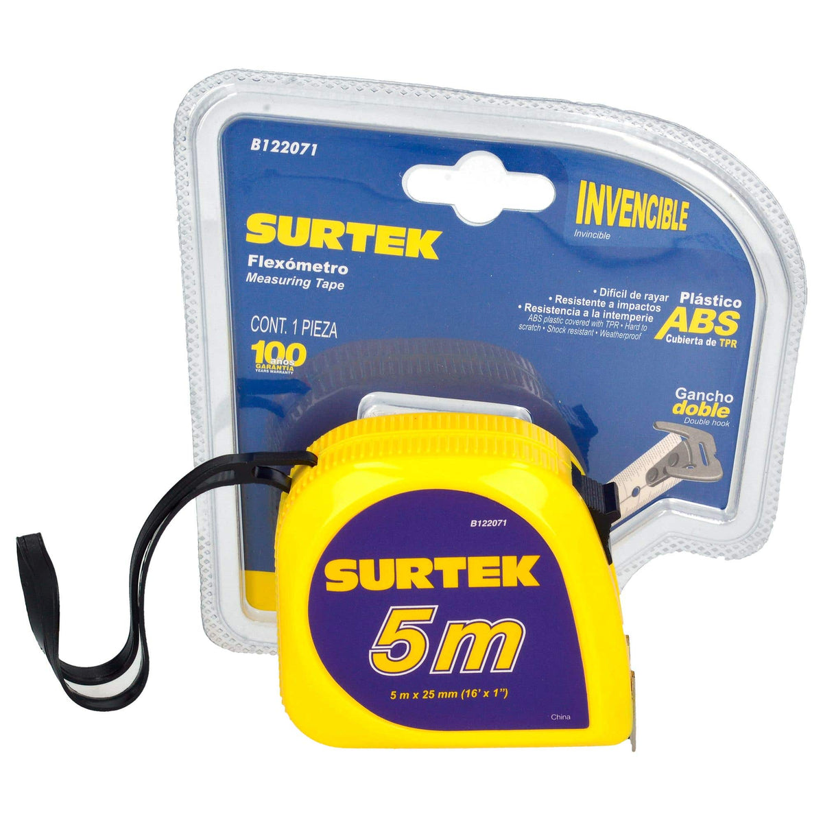 Flexómetro Con Carcasa De Plástico Invencible 5 m x 25 mm, Surtek B122071