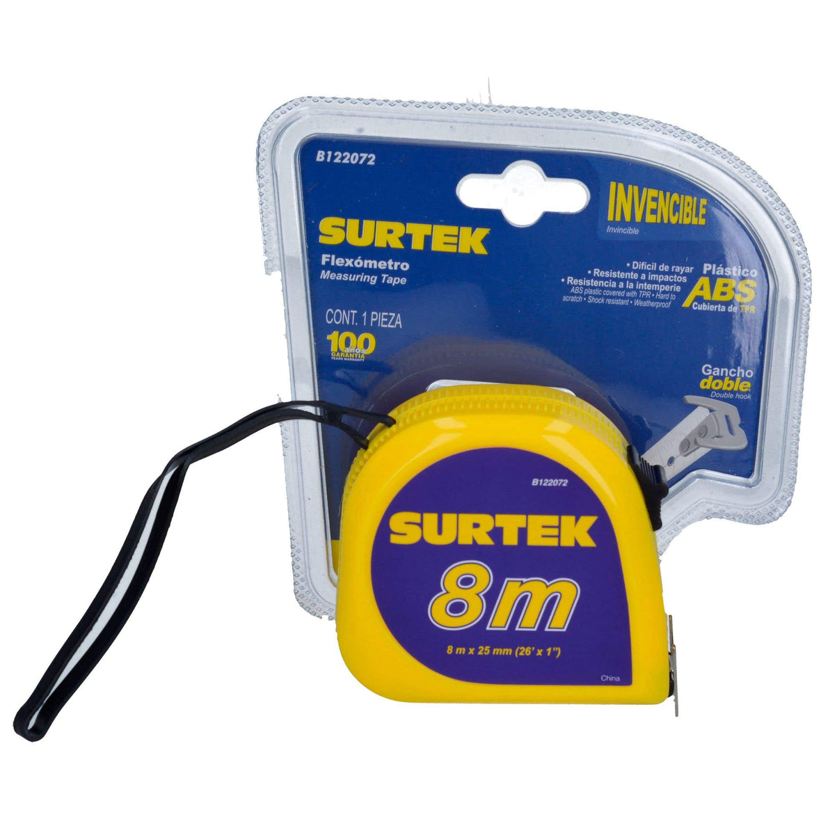 Flexómetro Con Carcasa De Plástico Invencible 8 m x 25 mm, Surtek B122072