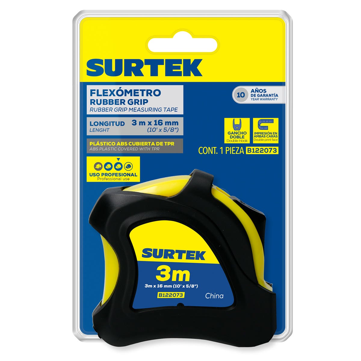 Flexómetro Anti-Impacto Con Carcasa Rubber Grip, 3 m x 16 mm, Surtek B122073