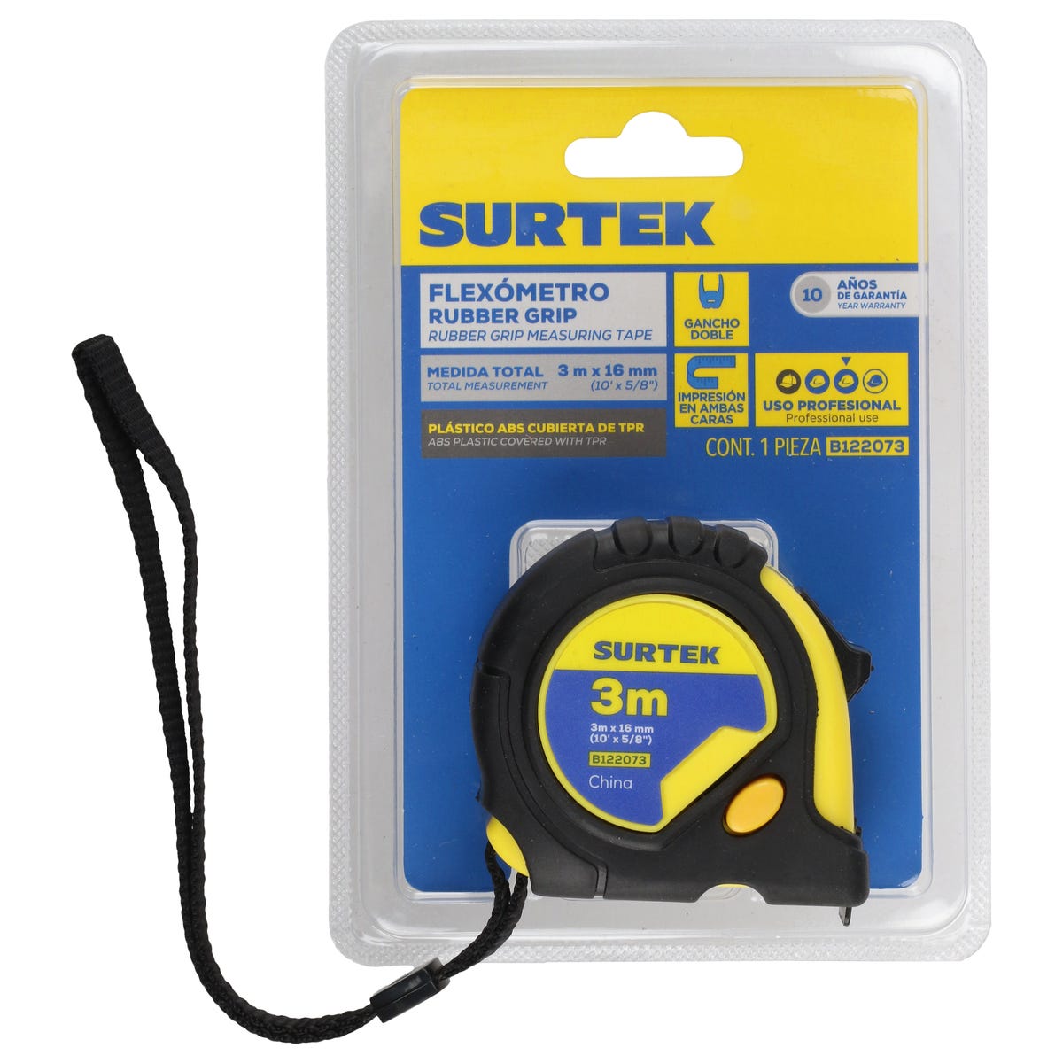 Flexómetro Anti-Impacto Con Carcasa Rubber Grip, 3 m x 16 mm, Surtek B122073