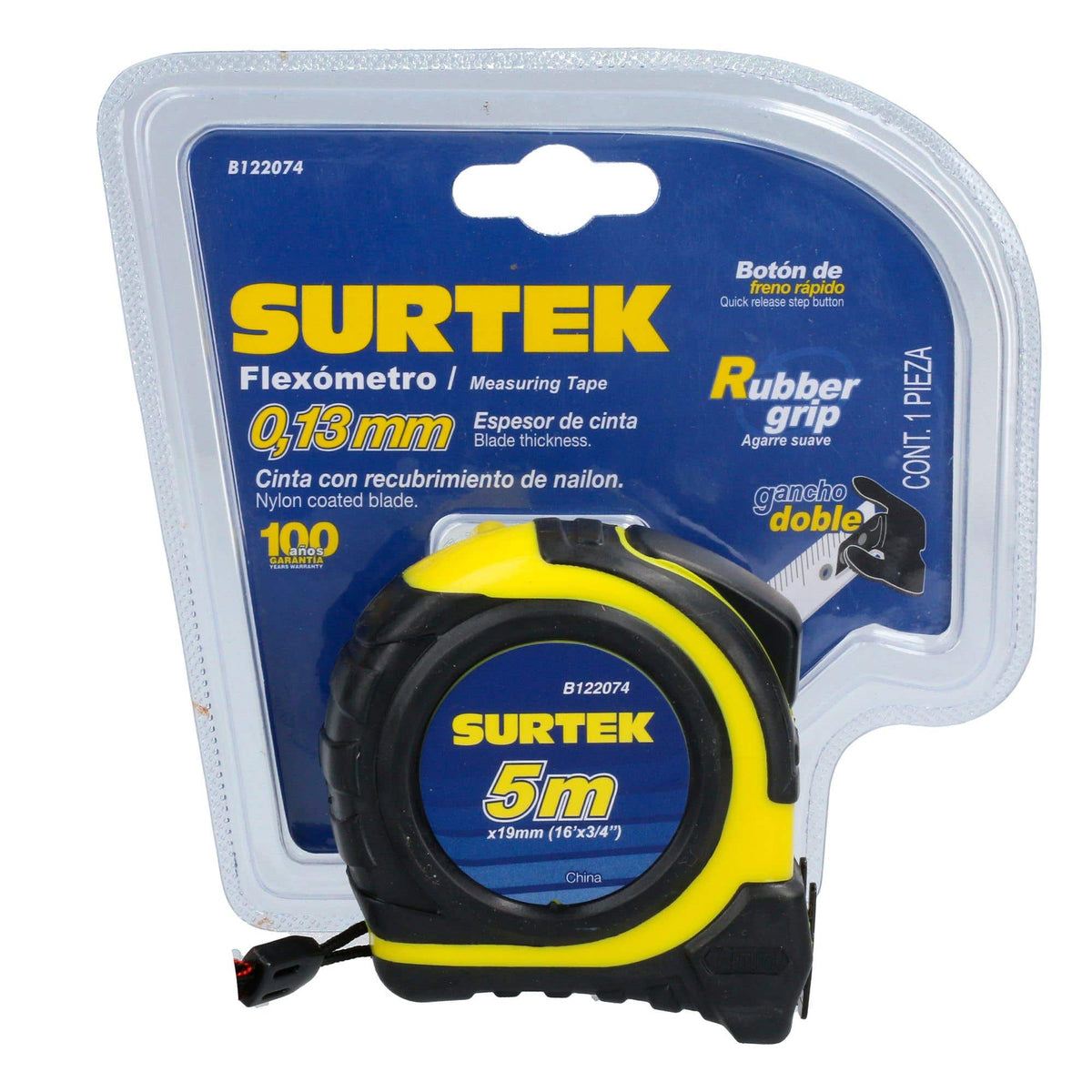 Flexómetro Anti-Impacto Con Carcasa Rubber Grip, 5 m x 19 mm, Surtek B122074
