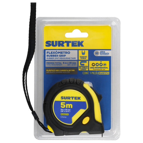 Flexómetro Anti-Impacto Con Carcasa Rubber Grip, 5 m x 19 mm, Surtek B122074