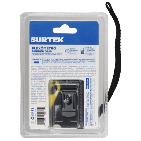 Flexómetro Anti-Impacto Con Carcasa Rubber Grip, 5 m x 19 mm, Surtek B122074