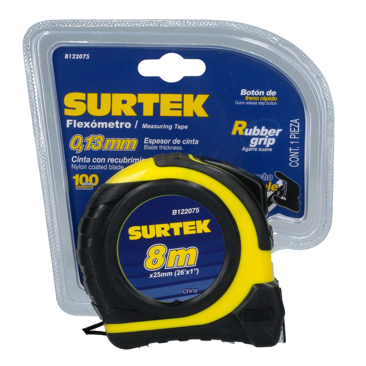 Flexómetro Anti-Impacto Con Carcasa Rubber Grip, 8 m x 25 mm, Surtek B122075