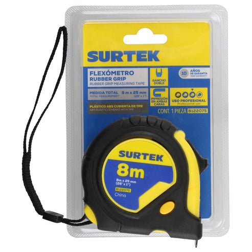 Flexómetro Anti-Impacto Con Carcasa Rubber Grip, 8 m x 25 mm, Surtek B122075