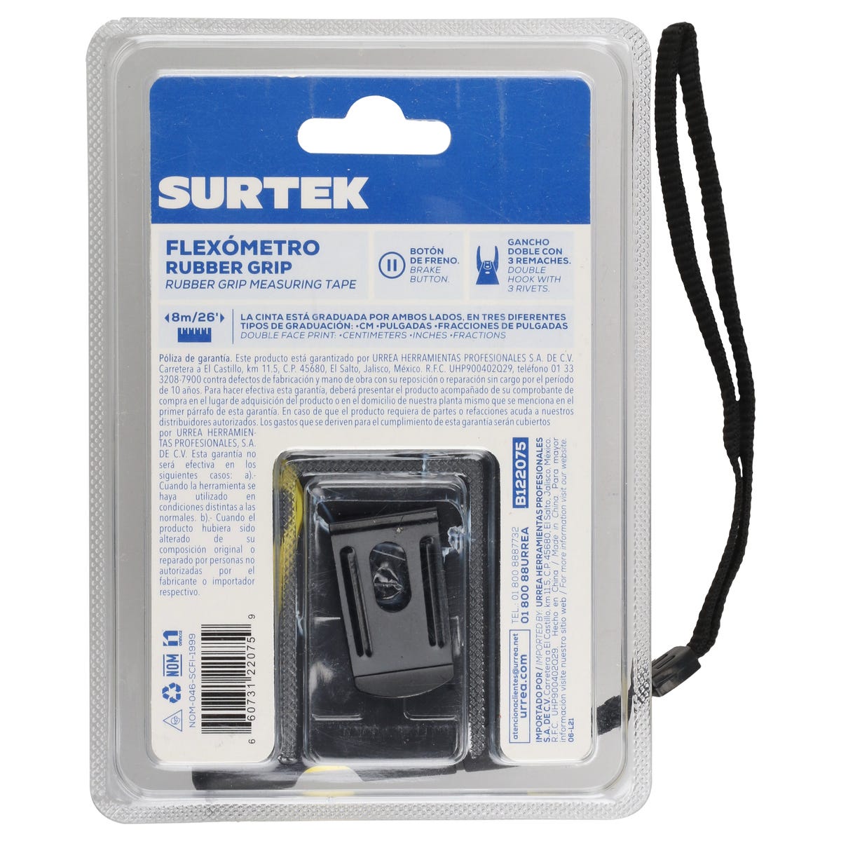 Flexómetro Anti-Impacto Con Carcasa Rubber Grip, 8 m x 25 mm, Surtek B122075
