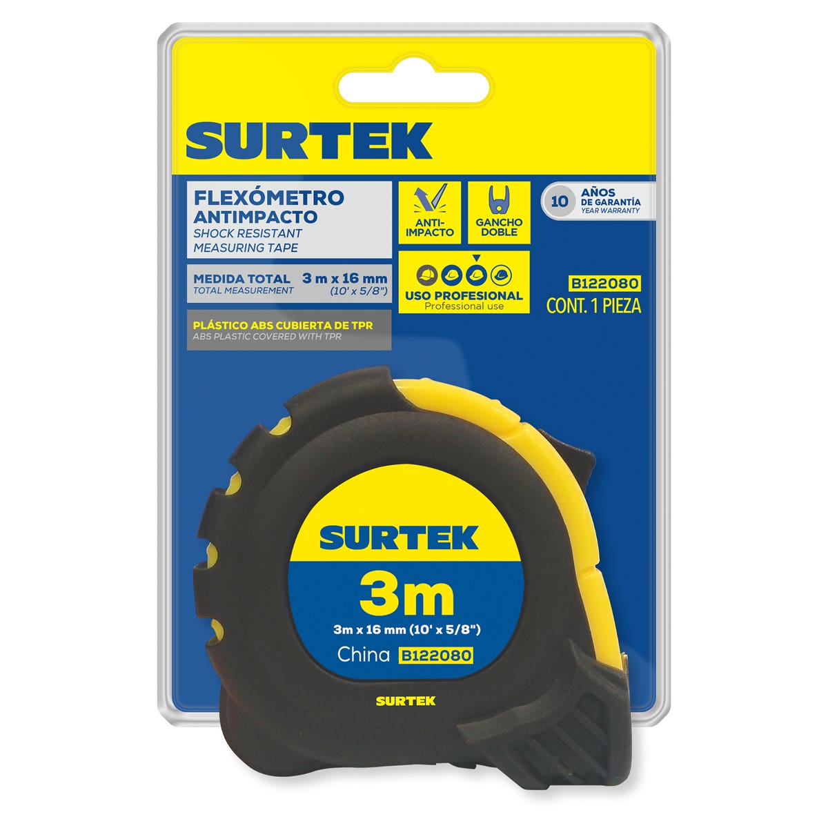 Flexómetro Con Carcasa Anti-Impacto 3 m x 16 mm, Surtek B122080