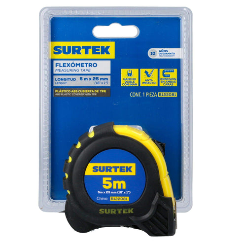 Flexómetro Con Carcasa Anti-Impacto 5 m x 25 mm, Surtek B122081