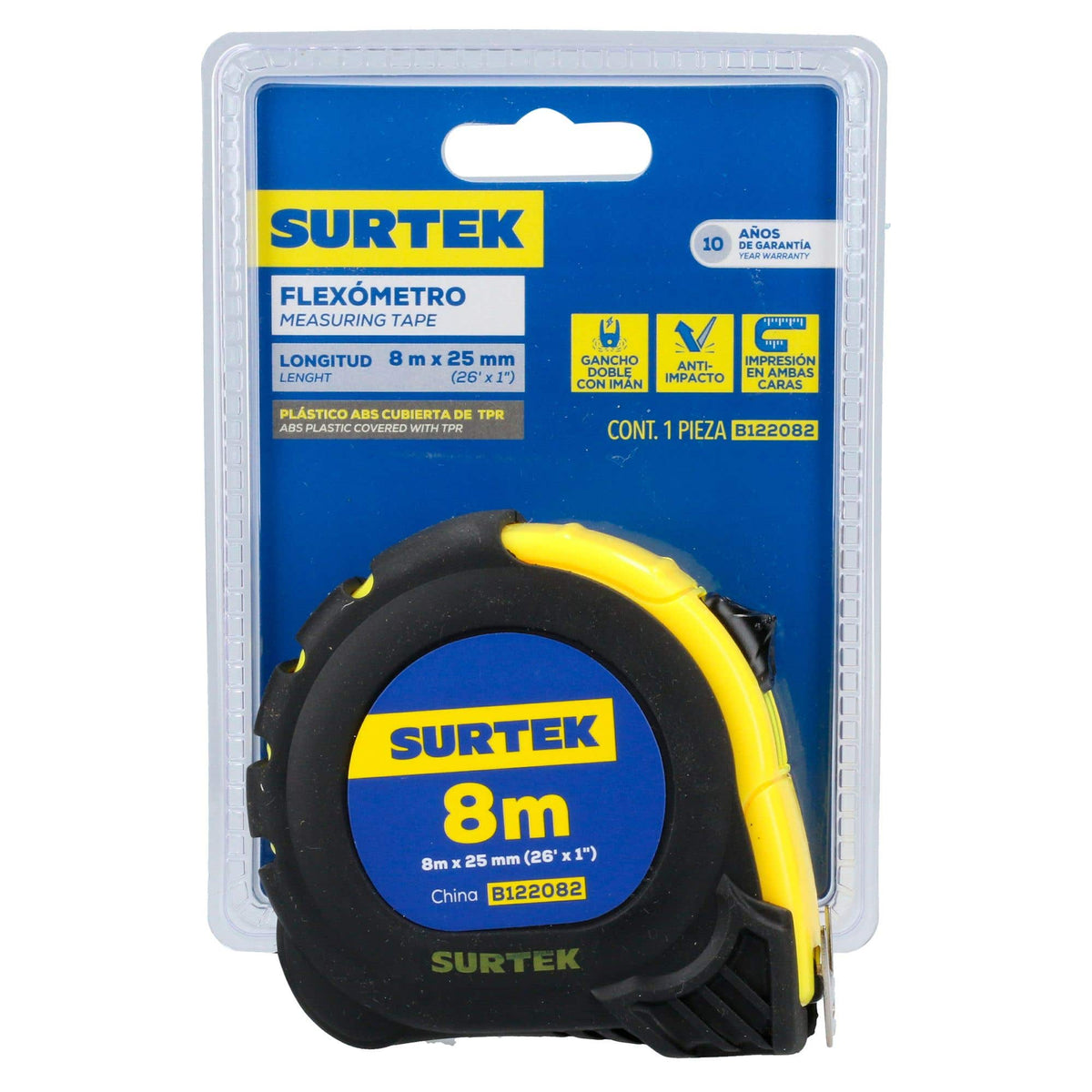 Flexómetro Con Carcasa Anti-Impacto 8 m x 25 mm, Surtek B122082