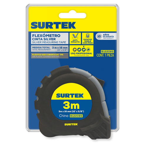 Flexómetro Con Carcasa Anti-Impacto Silver, 3 m x 16 mm, Surtek B122085