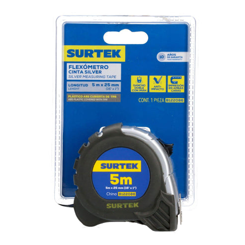 Flexómetro Con Carcasa Anti-Impacto Silver, 5 m x 25 mm, Surtek B122086