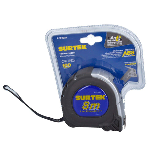 Flexómetro Con Carcasa Anti-Impacto Silver, 8 m x 25 mm, Surtek B122087