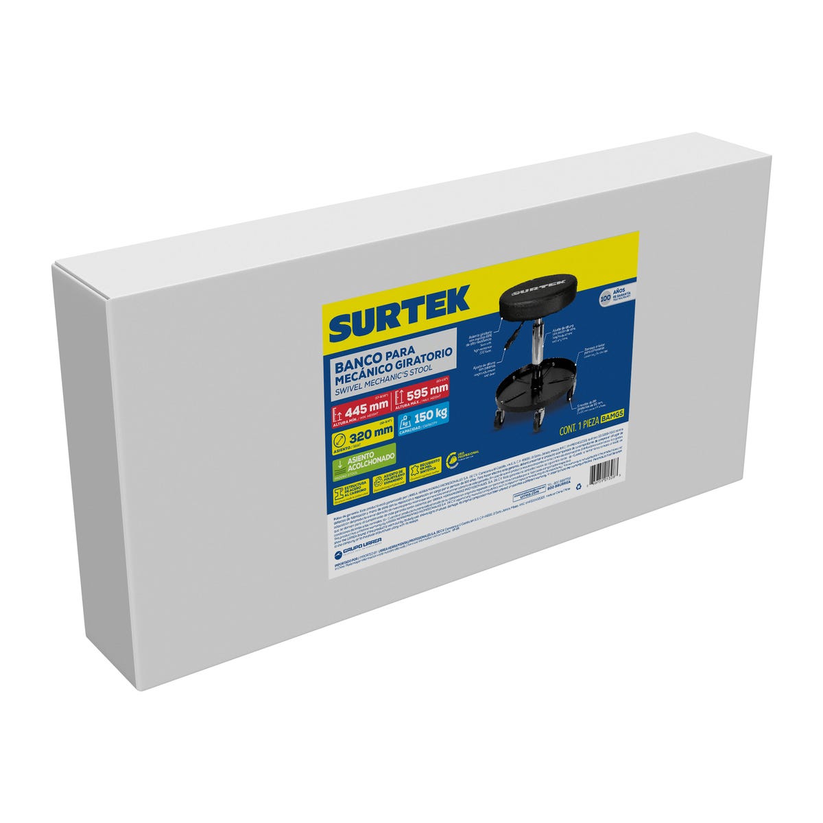 Banco Para Mecánico Giratorio Acolchonado Color Negro, 60 cm, Surtek BAMGS