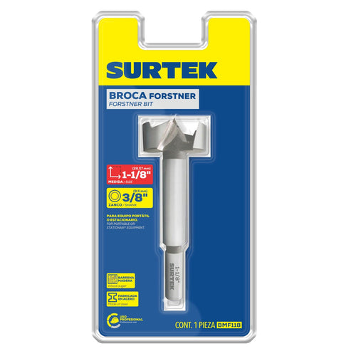 Broca Para Madera De Acero Forstner 1-1/8 Zanco De 7/16, Surtek BMF118