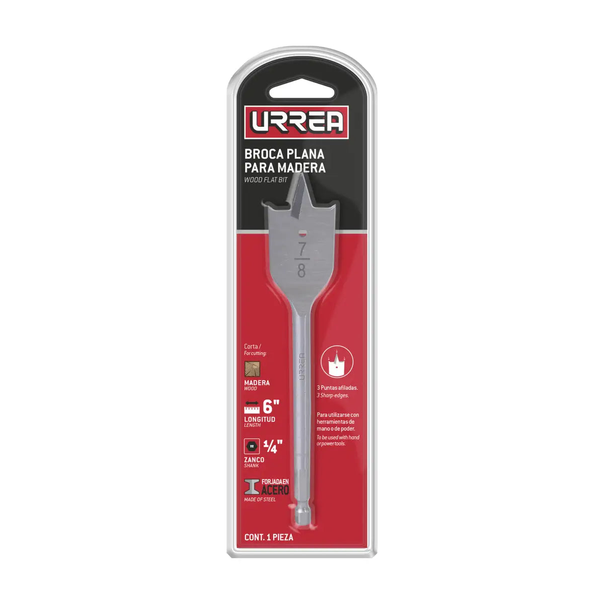 Broca Para Madera De Acero Al Carbono Tipo Manita 1/4 Zanco De 1/4, Urrea BMM1/4