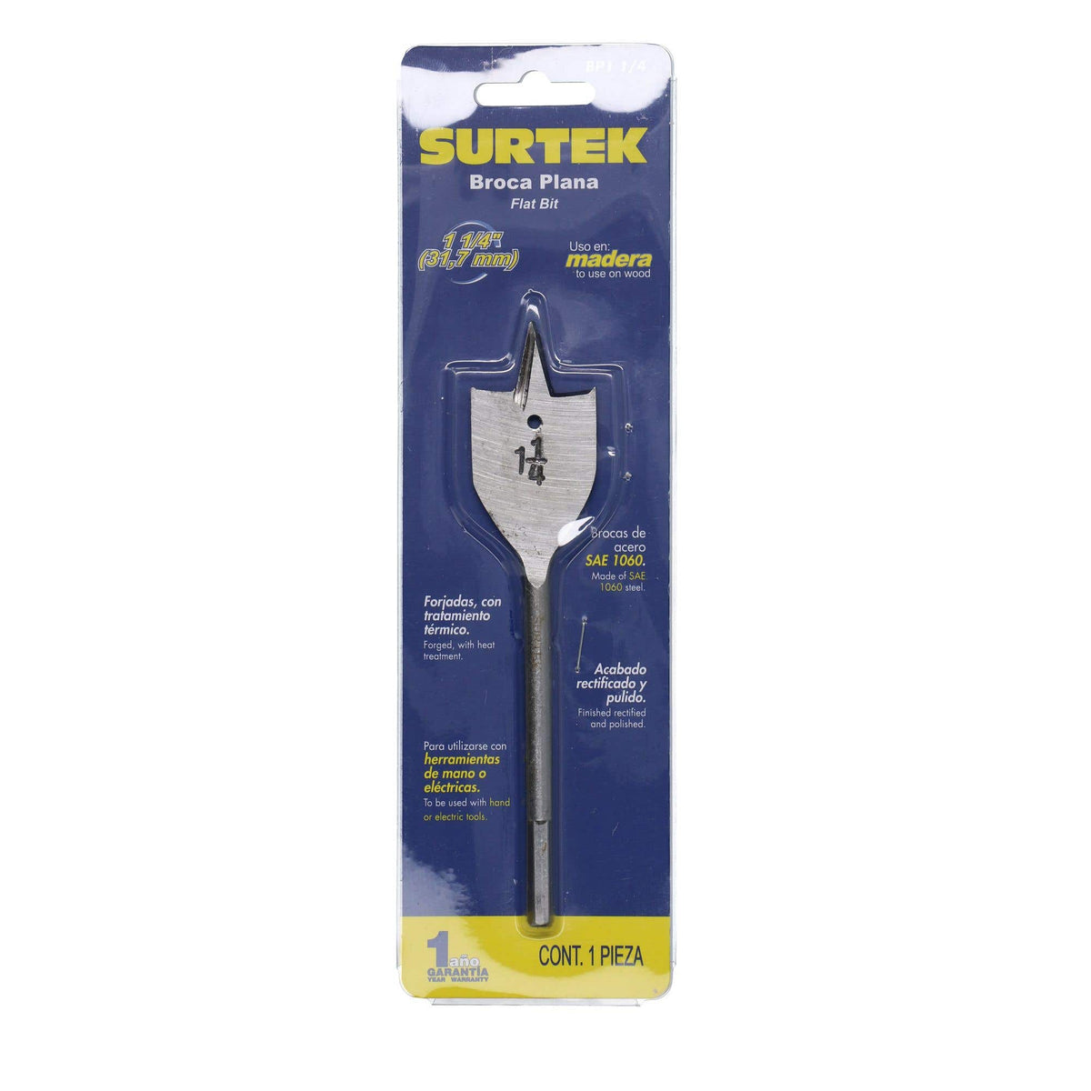 Broca Para Madera De Acero Al Carbono Tipo Manita 1 Zanco De 1/4, Surtek BP1