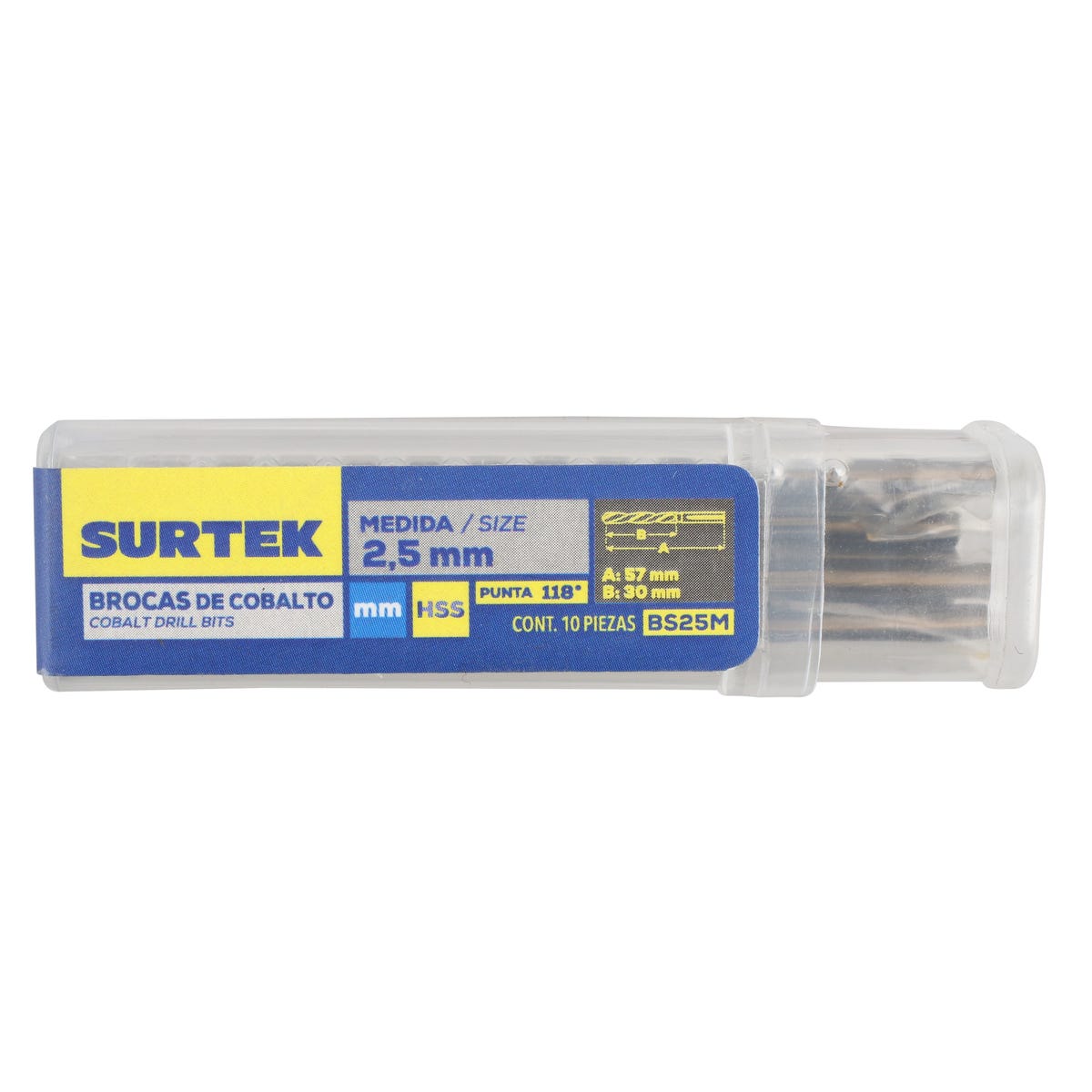 Broca Con Cobalto De Acero De Alta Velocidad Métrica De Zanco Recto 2.5 mm, Surtek BS25M