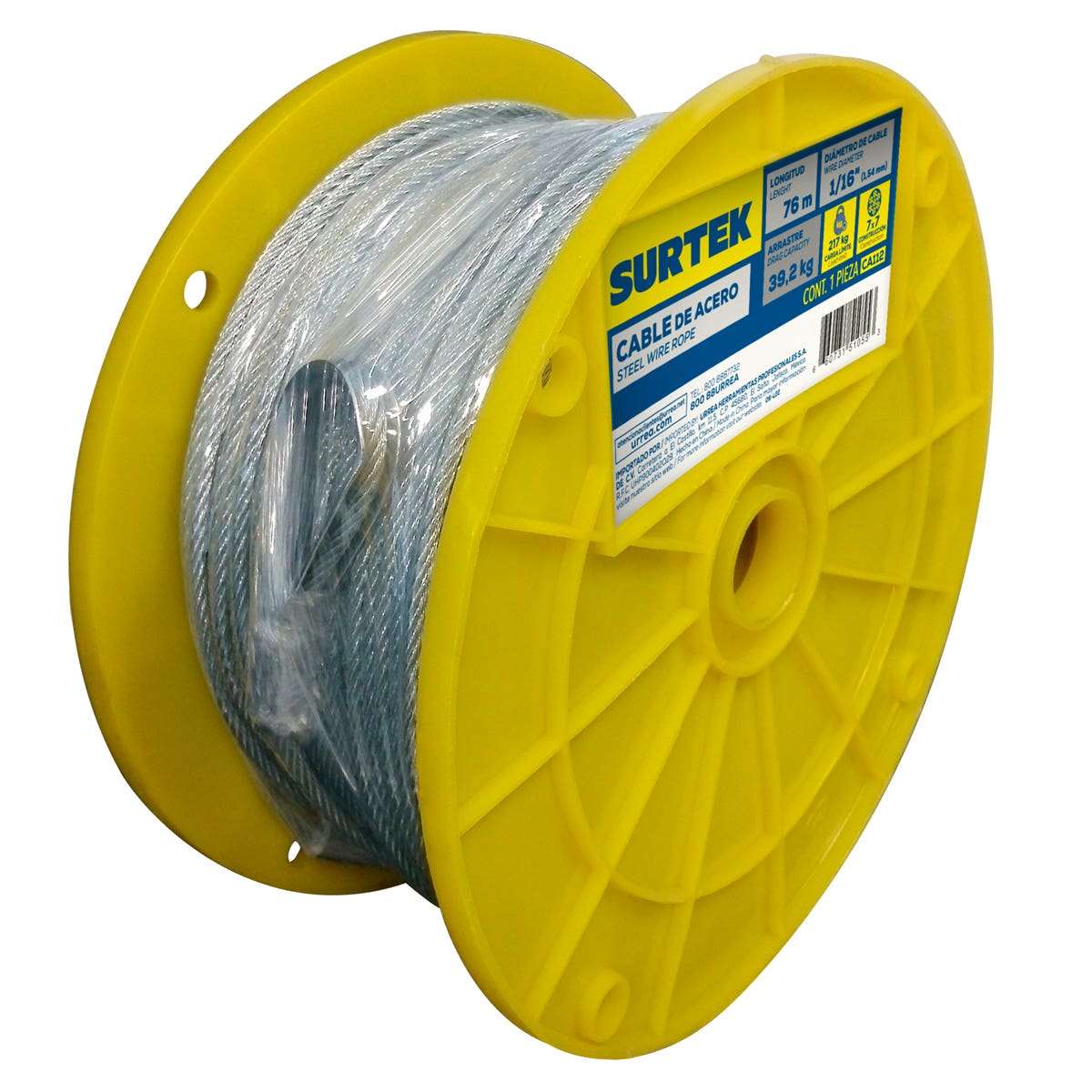 Cable De Acero Con Grillete 7 x 7 Hilos, 1/16 x 76 m, Surtek CA112