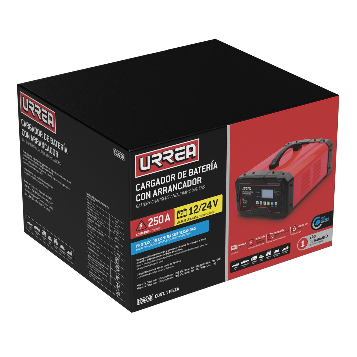 Cargador De Batería Con Arrancador 250A, 12VDC, 24VDC, Urrea CBA250