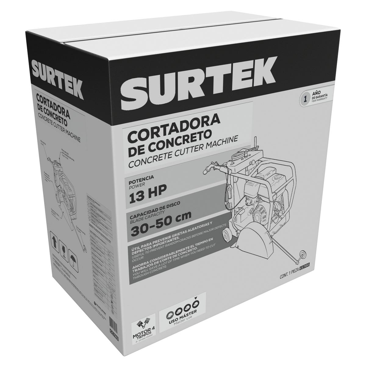 Cortadora De Concreto A Gasolina Con Motor De 4 Tiempos, 13 HP, Surtek CC720