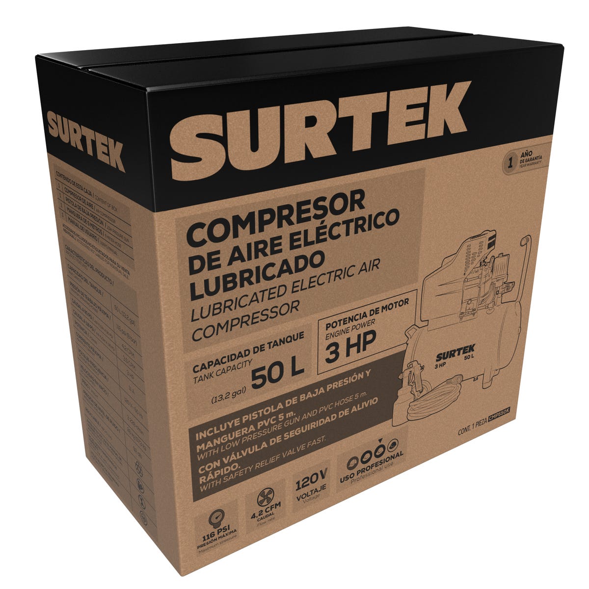Compresor De Aire Eléctrico Lubricado Con Pistola Y Manguera 50 L, 3 HP, Surtek CMP550K