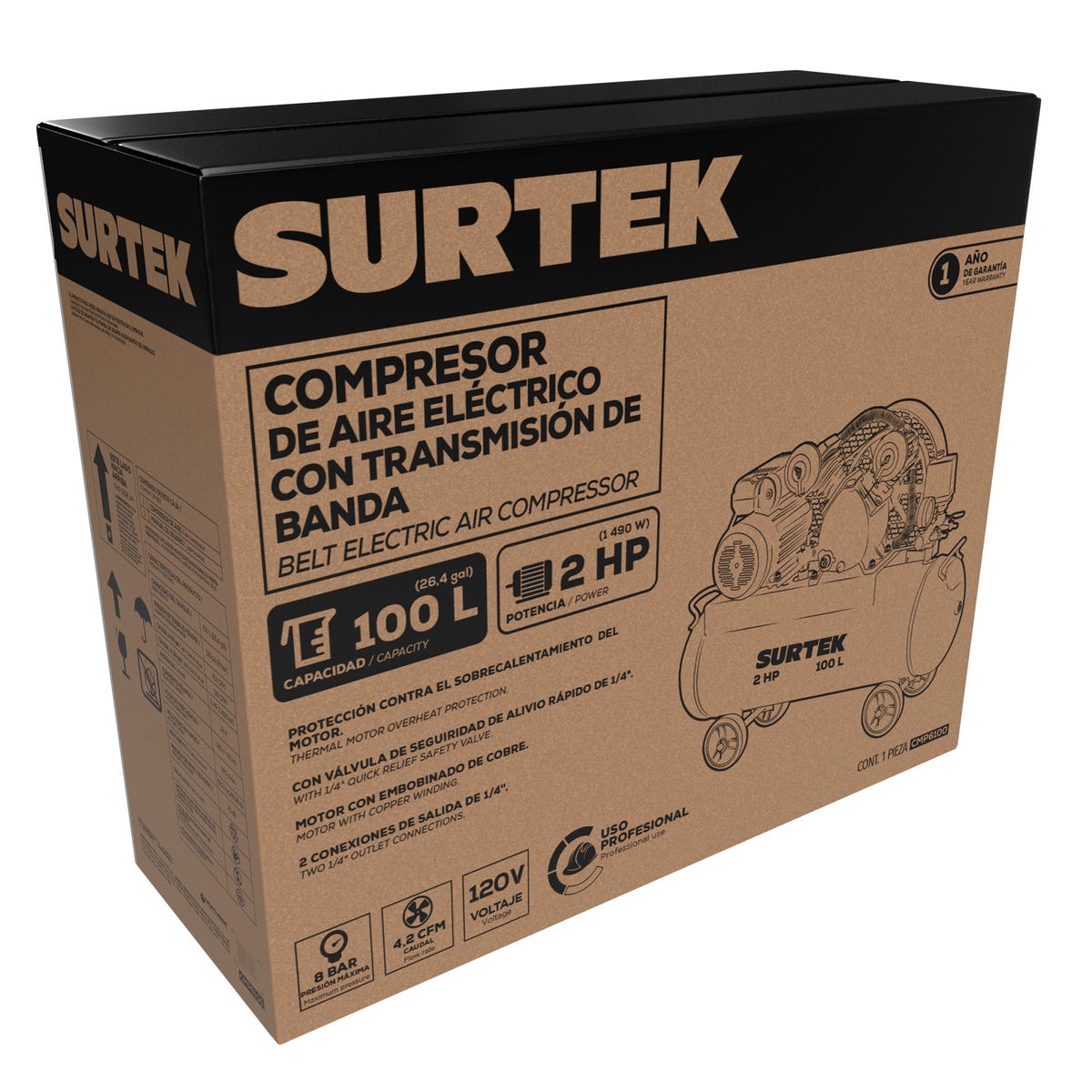 Compresor De Aire Eléctrico Con Transmisión De Banda 100 L, 2 HP, Surtek CMP6100