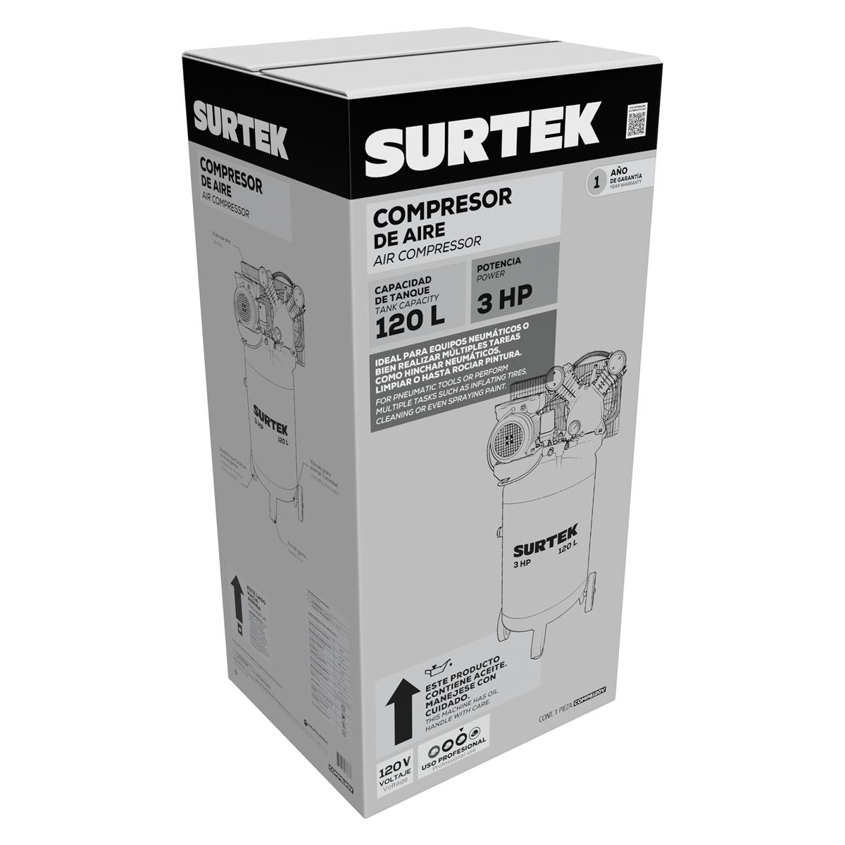 Compresor De Aire Eléctrico Con Transmisión De Banda Vertical 120 L, 3 HP, Surtek COMP6120V