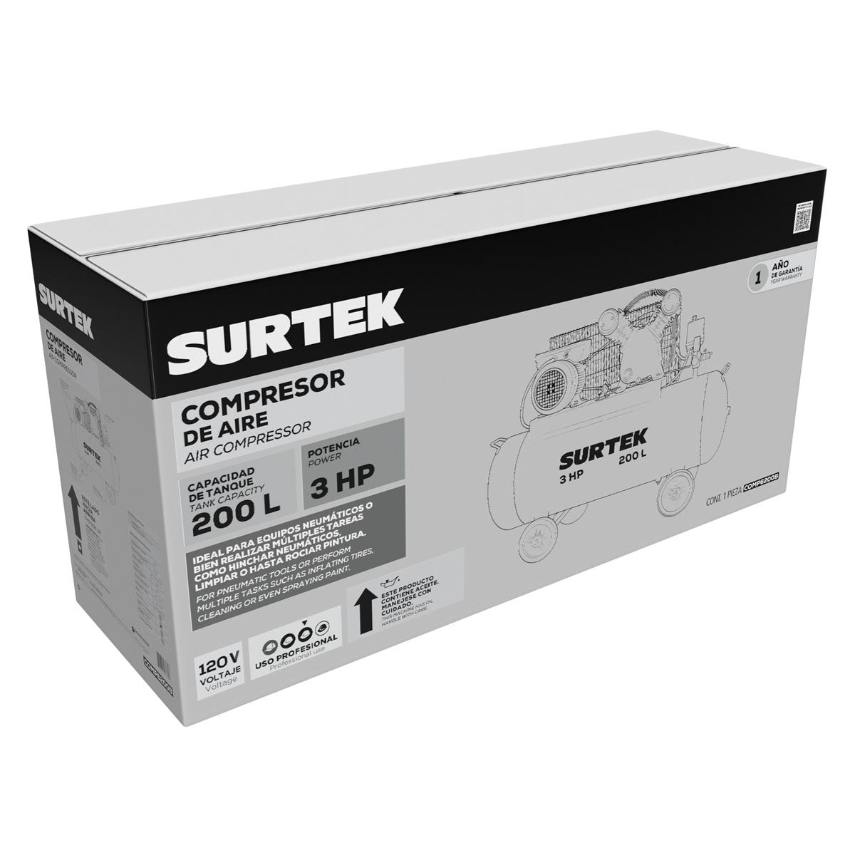 Compresor De Aire Eléctrico Con Transmisión De Banda 200 L, 3 HP, Surtek COMP6200B