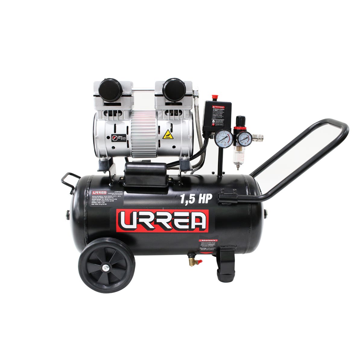 Compresor De Aire Eléctrico Libre De Aceite 24 L, 1.5 HP, Urrea COMP824L