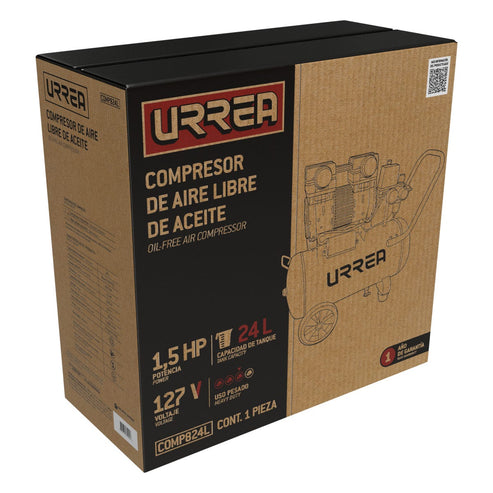 Compresor De Aire Eléctrico Libre De Aceite 24 L, 1.5 HP, Urrea COMP824L