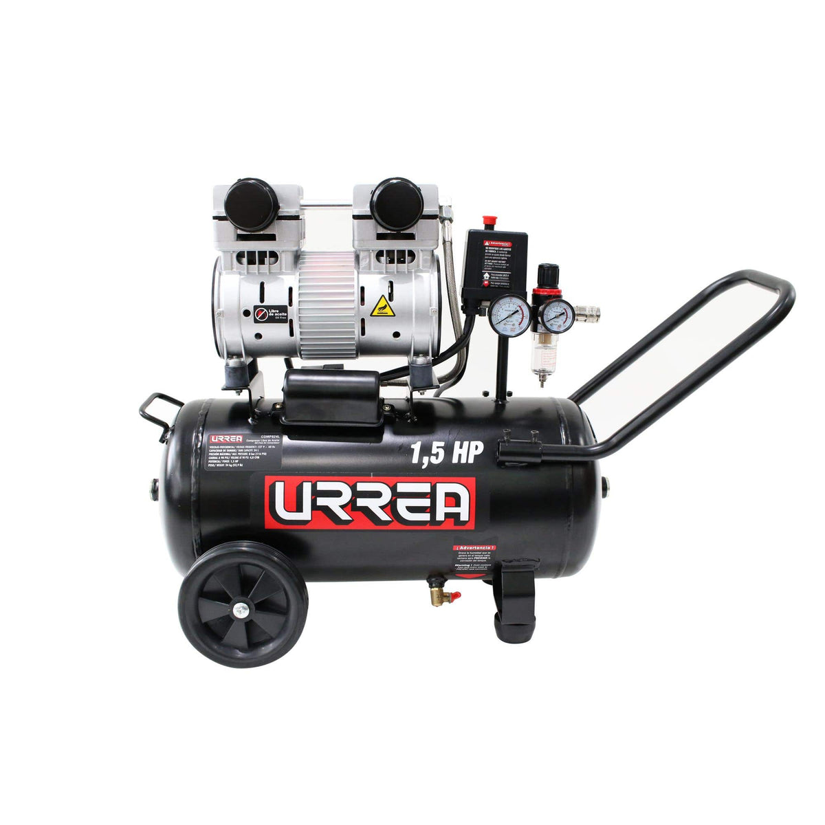 Compresor De Aire Eléctrico Libre De Aceite 24 L, 1.5 HP, Urrea COMP824L