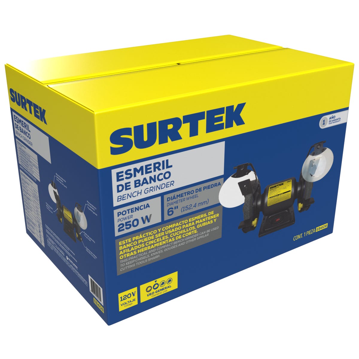 Esmeril De Banco Motor Silencioso De Inducción 6 1/3 HP 250 W 120 V, 3450 RPM, Surtek EB406