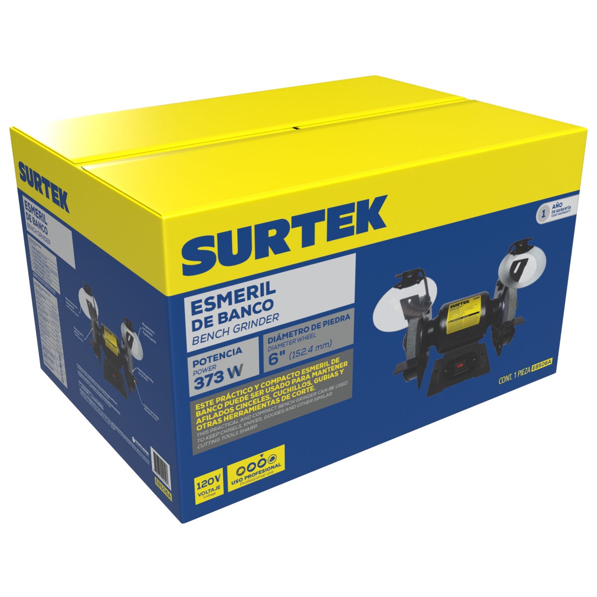 Esmeril De Banco Motor Silencioso De Inducción 6 1/2 HP 343 W 120 V, 3450 RPM, Surtek EB506A