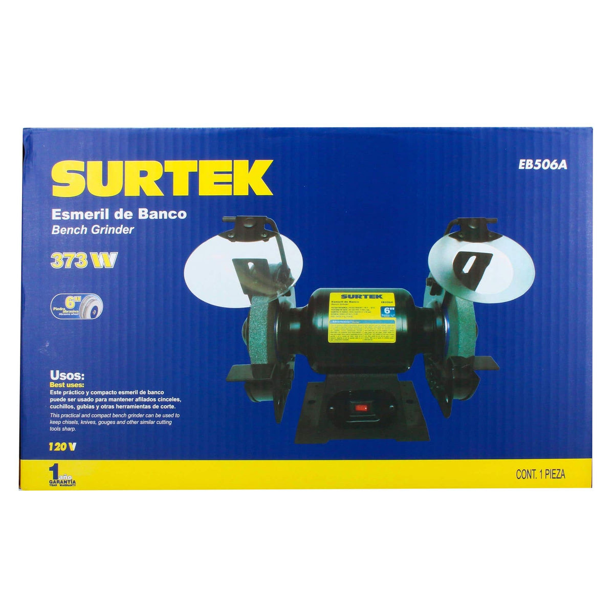 Esmeril De Banco Motor Silencioso De Inducción 6 1/2 HP 343 W 120 V, 3450 RPM, Surtek EB506A