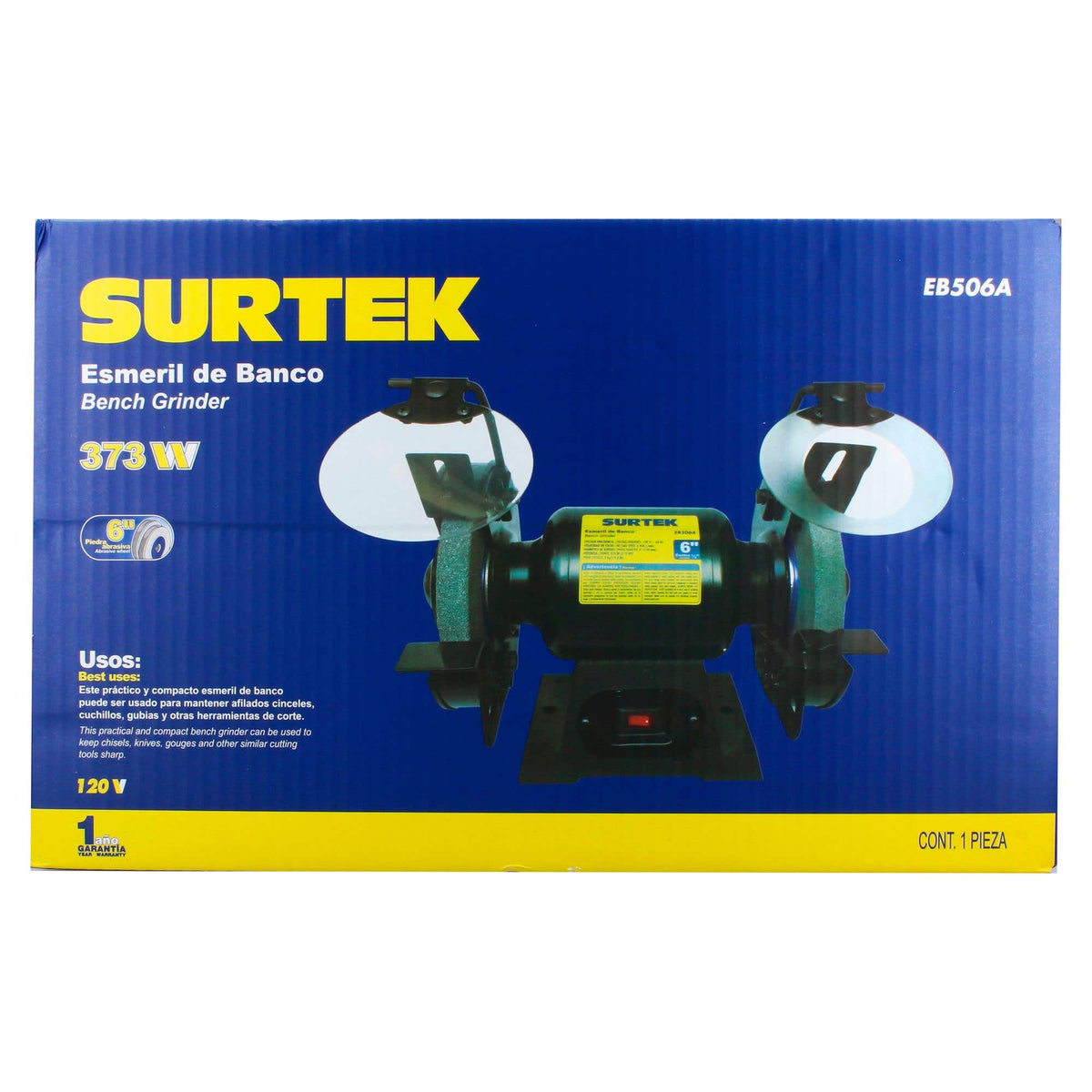 Esmeril De Banco Motor Silencioso De Inducción 6 1/2 HP 343 W 120 V, 3450 RPM, Surtek EB506A