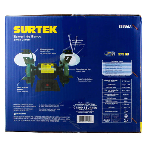 Esmeril De Banco Motor Silencioso De Inducción 6 1/2 HP 343 W 120 V, 3450 RPM, Surtek EB506A