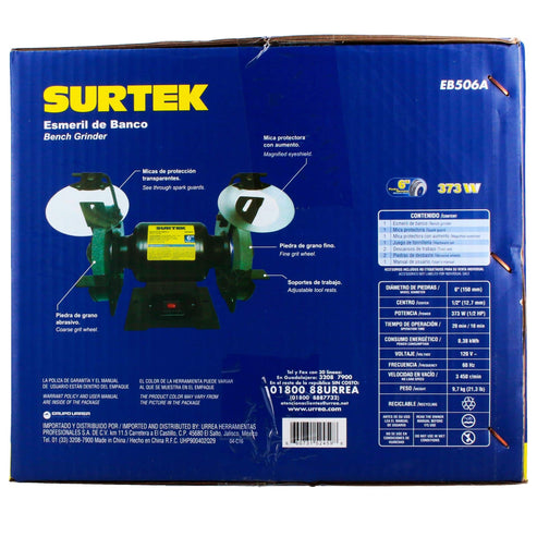 Esmeril De Banco Motor Silencioso De Inducción 6 1/2 HP 343 W 120 V, 3450 RPM, Surtek EB506A