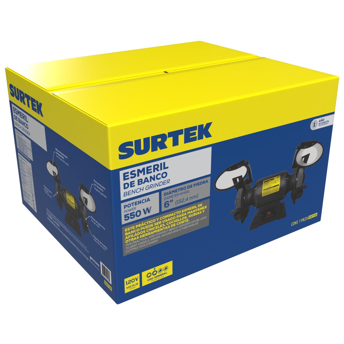 Esmeril De Banco Motor Silencioso De Inducción 6 3/4 HP 550 W 120 V, 3450 RPM, Surtek EB706