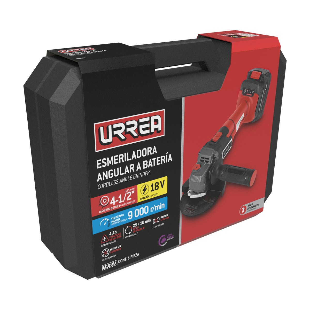 Esmeriladora Angular Inalámbrica 4-1/2 - 5 A Batería Litio-Ion 18 V, 4 Ah, Urrea EI1018A