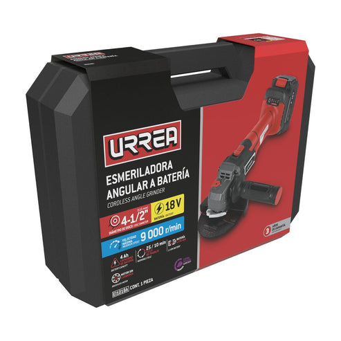 Esmeriladora Angular Inalámbrica 4-1/2 - 5 A Batería Litio-Ion 18 V, 4 Ah, Urrea EI1018A