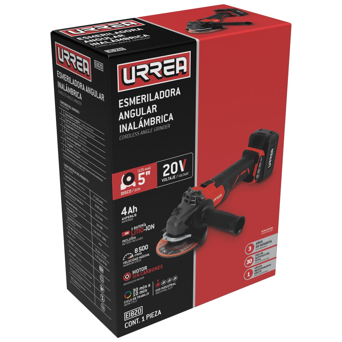 Esmeriladora Angular A Batería Litio-Ion 5 20 V, 8500 RPM, Urrea EI820