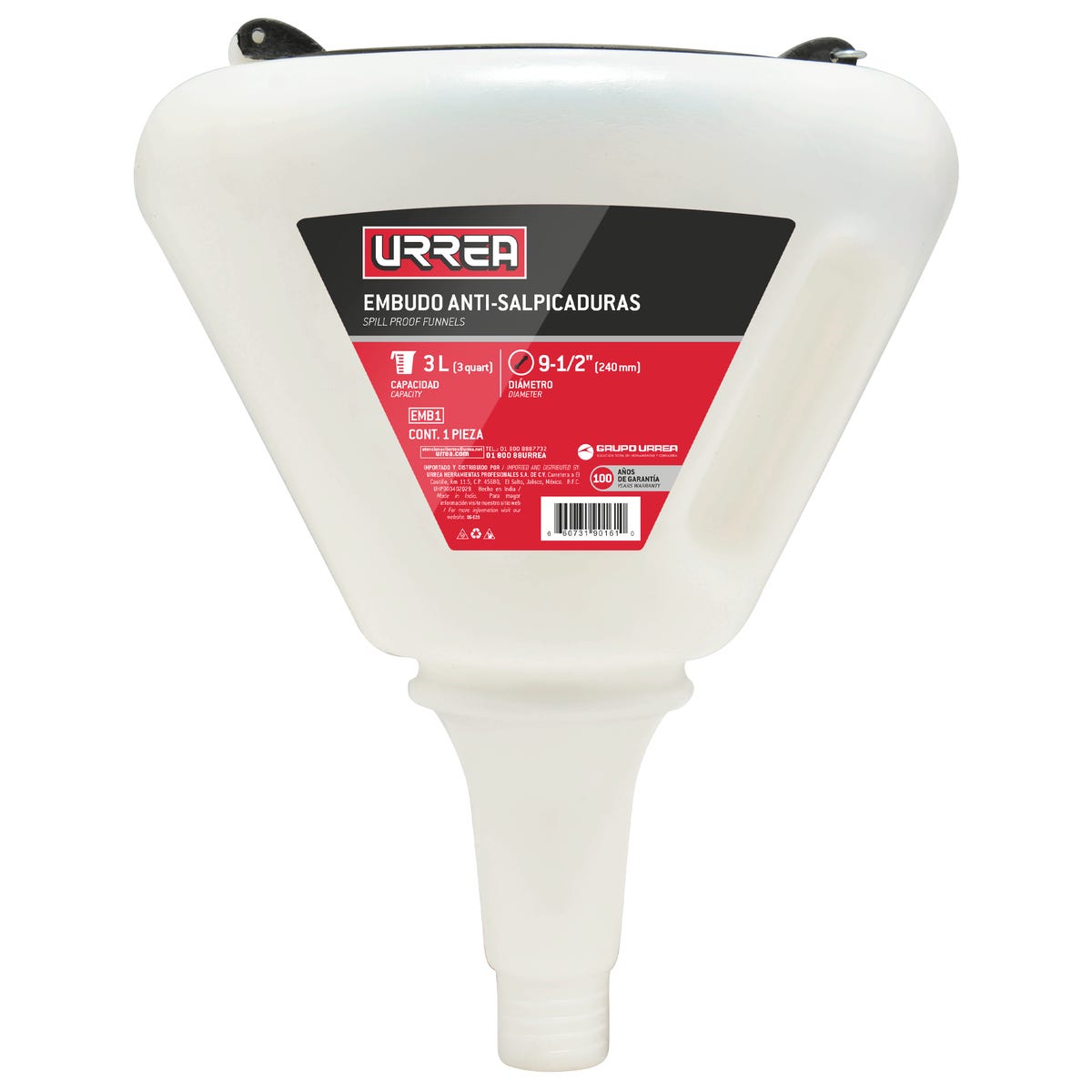Embudo Anti-Salpicaduras De Polipropileno 3 Lt, Urrea EMB1