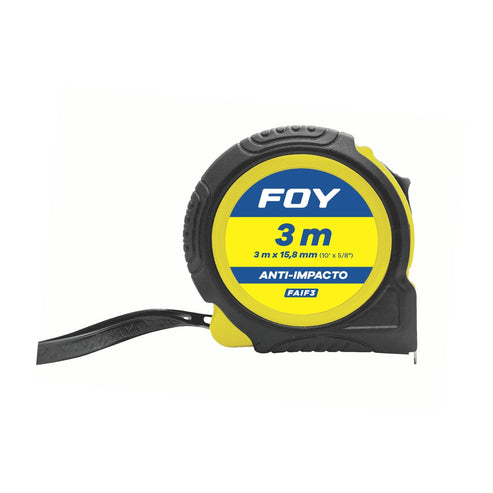 Flexómetro Anti-Impacto Con Carcasa Rubber Grip, 3 m x 15 mm, Foy FAIF3