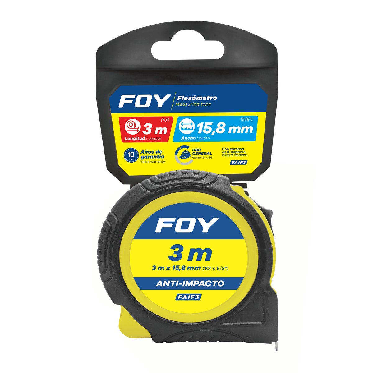 Flexómetro Anti-Impacto Con Carcasa Rubber Grip, 3 m x 15 mm, Foy FAIF3