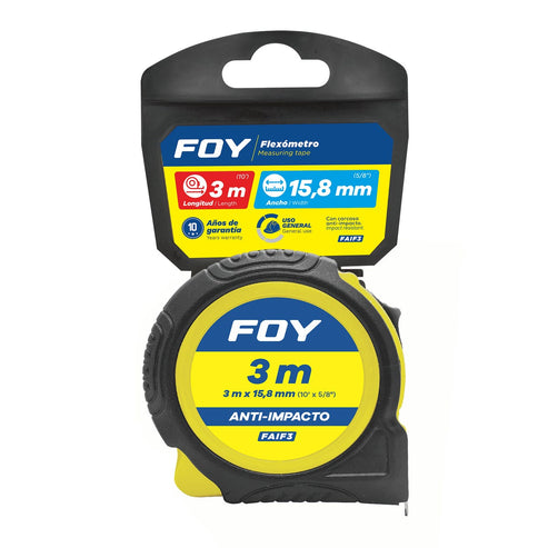 Flexómetro Anti-Impacto Con Carcasa Rubber Grip, 3 m x 15 mm, Foy FAIF3